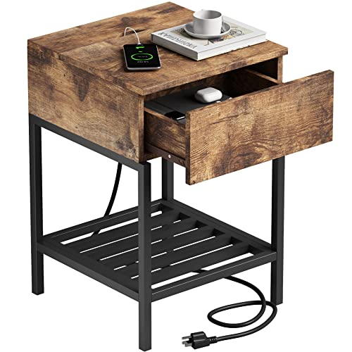 ChooChoo Nightstand with Charging Station and USB Ports, Rustic Side End Table with Drawer and Metal Shelf, Bedside Table for Small Spaces, Bedroom, Rustic Brown