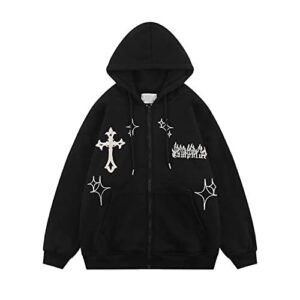 girsarrder zip up hoodies womens men jackets loose fit y2k star and cross graphic print sweatshirt gothic oversized jackets a-black
