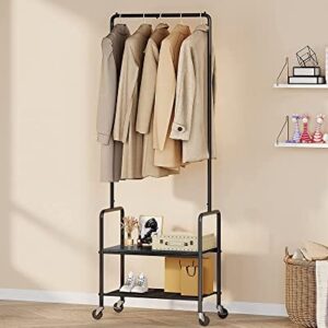 Labonida Rolling Clothing Rack - Space-Saving Clothes Rack on Wheels - Portable Hanging Storage Organizer with 2 Shelves - Sturdy Metal Garment Rack for Home & Business (Black, Industrial Style)