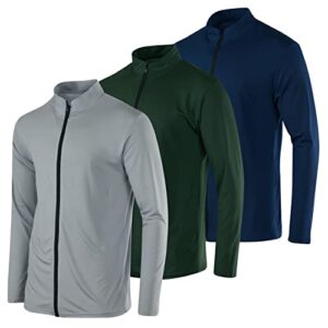 3 pack: men’s quick dry fit long sleeve full zip up workout running jacket fitness sports casual outdoor hiking performance active athletic wicking track hybrid golf windbreaker sweatshirt set 3, l