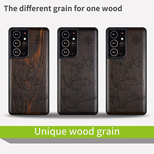 Carveit Wood Case for Galaxy S21 Ultra Case [Natural Wood & Black Soft TPU] Shockproof Protective Cover Unique & Classy Wooden Case Compatible with Samsung S21 Ultra 5G (Compass Maps-Blackwood)