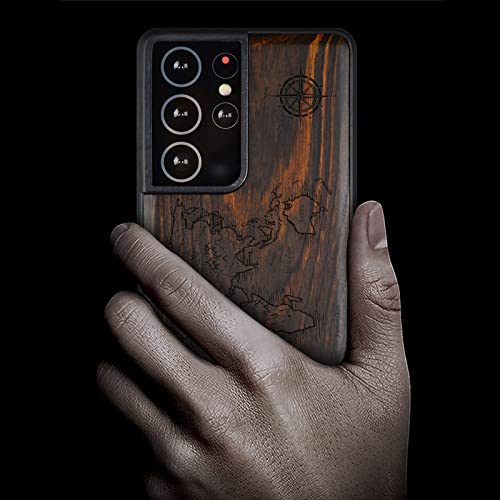 Carveit Wood Case for Galaxy S21 Ultra Case [Natural Wood & Black Soft TPU] Shockproof Protective Cover Unique & Classy Wooden Case Compatible with Samsung S21 Ultra 5G (Compass Maps-Blackwood)