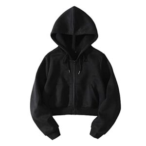 lofaac women fleece full zip up cropped hoodie sweatshirt 90s long sleeve drawstring hooded crop jacket top(l,us,women,black)