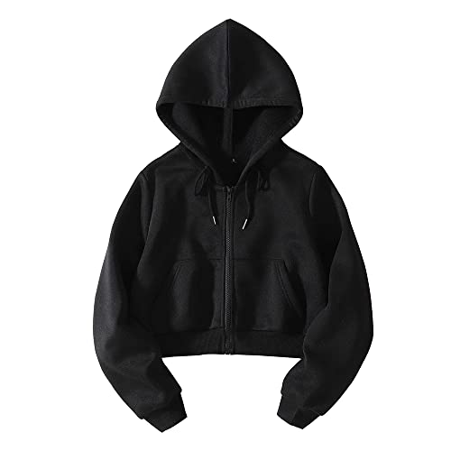 LOFAAC Women Fleece Full Zip Up Cropped Hoodie Sweatshirt 90s Long Sleeve Drawstring Hooded Crop Jacket Top(L,US,Women,Black)