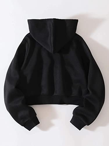 LOFAAC Women Fleece Full Zip Up Cropped Hoodie Sweatshirt 90s Long Sleeve Drawstring Hooded Crop Jacket Top(L,US,Women,Black)