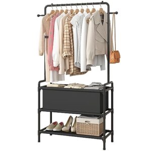 calmootey clothing rack with storage bag,non-woven shelves for shoes,multi-functional garment rack for bedroom,hallway,black