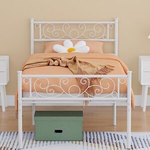 elephance twin size bed frame with headboard and footboard, metal platform bed frame with 14 inch storage space mattress foundation no box spring needed for girl boy white