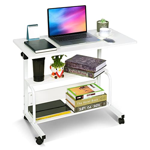 Portable Desk Small Desks for Small Spaces Laptop Table White Rolling Adjustable Desk on Wheels Mobile Couch Desk for Bedroom Home Office Computer Standing Desk Student Desk with Storage 32x16 Inch