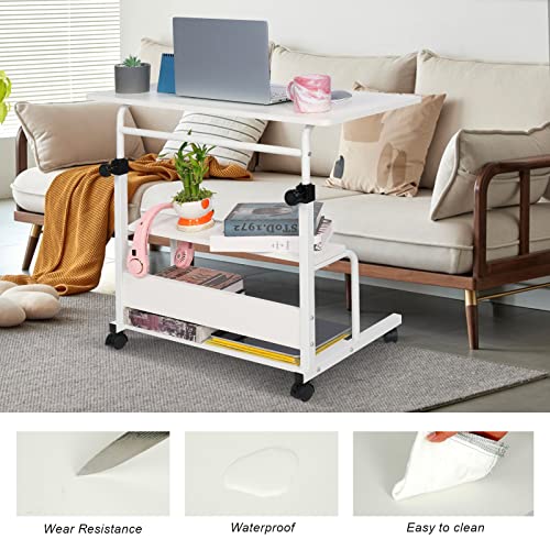 Portable Desk Small Desks for Small Spaces Laptop Table White Rolling Adjustable Desk on Wheels Mobile Couch Desk for Bedroom Home Office Computer Standing Desk Student Desk with Storage 32x16 Inch