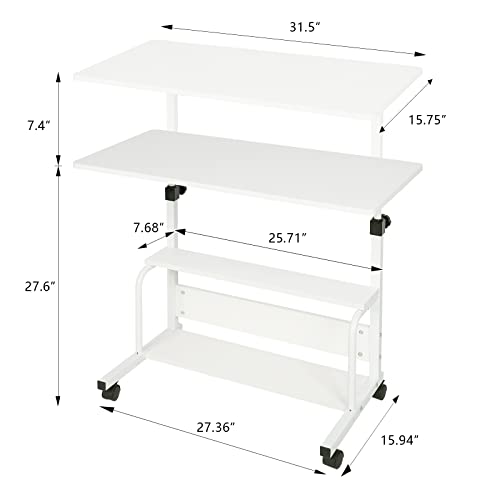 Portable Desk Small Desks for Small Spaces Laptop Table White Rolling Adjustable Desk on Wheels Mobile Couch Desk for Bedroom Home Office Computer Standing Desk Student Desk with Storage 32x16 Inch