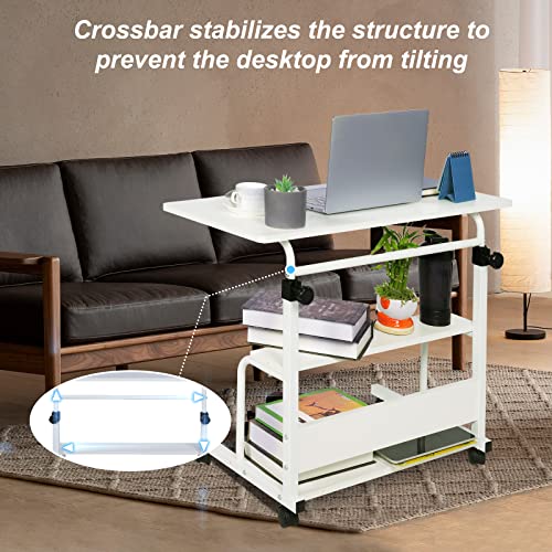 Portable Desk Small Desks for Small Spaces Laptop Table White Rolling Adjustable Desk on Wheels Mobile Couch Desk for Bedroom Home Office Computer Standing Desk Student Desk with Storage 32x16 Inch