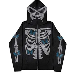 YAHUIUL Skeleton Hoodie Y2k Hoodie Hoodies Y2k Sp5der Hoodie Y2k Jacket Chrome Hearts Hoodie Skeleton Jacket Rhinestone Hoodie Full Zip Hoodie Y2k Jackets Y2k Zip up Hoodie Skeleton Rhinestone Jacket