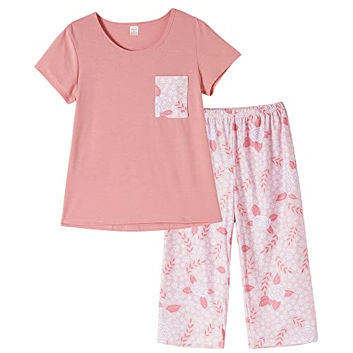 HONG HUI Women's Pajama Short Sleeve Sets Top with Capri Flower Pattern Pants Soft and Casual Sleepwear with Pocket,XXXL Pink