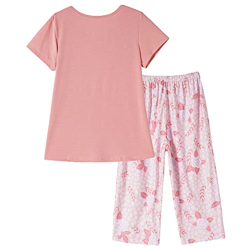 HONG HUI Women's Pajama Short Sleeve Sets Top with Capri Flower Pattern Pants Soft and Casual Sleepwear with Pocket,XXXL Pink