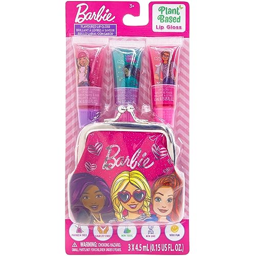 Townley Girl Barbie Coin Purse and Plant-Based Lip Gloss Set, Cute Pouch Wallet Small Money Bag Toy, Ages 3 and Up,