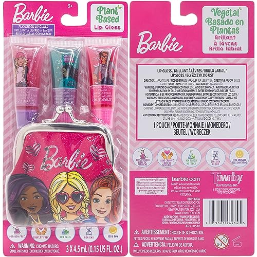 Townley Girl Barbie Coin Purse and Plant-Based Lip Gloss Set, Cute Pouch Wallet Small Money Bag Toy, Ages 3 and Up,