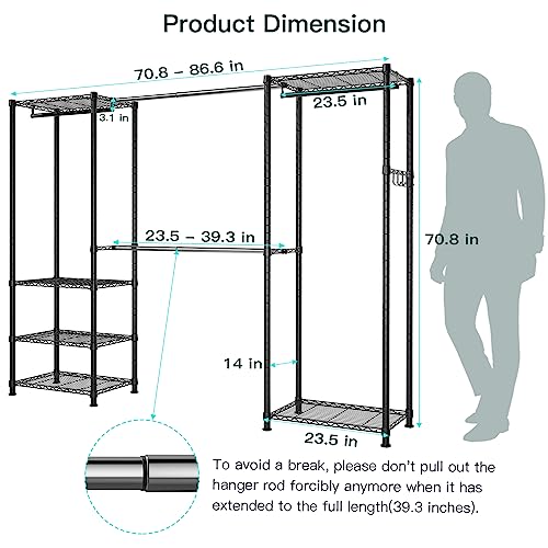 Ulif E1 Heavy Duty Closet Garment Rack, 6 Tiers Adjustable Metal Freestanding Expandable Clothing Storage with 4 Hanger Rods, Easy to Assemble Wardrobe, 70.8” H x (70.8” - 86.6”) L x 14” D, Black