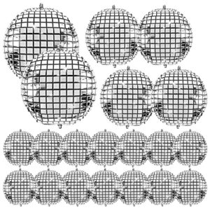 wxj13 20 pack big disco ball balloons for 3 different sizes, 32” 22” 10‘’ 4d large disco balloons round metallic silver disco mylar foil balloons for 70s 80s disco party decorations