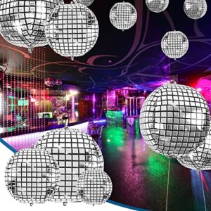 WXJ13 20 Pack Big Disco Ball Balloons for 3 Different Sizes, 32” 22” 10‘’ 4D Large Disco Balloons Round Metallic Silver Disco Mylar Foil Balloons for 70s 80s Disco Party Decorations