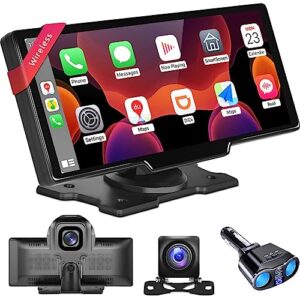 podofo portable car stereo wireless carplay/android auto with dash cam, 9.3" hd ips touch screen car play radio audio receiver, 1080p backup camera, navigation/bluetooth/fm transmitter/aux/tf card