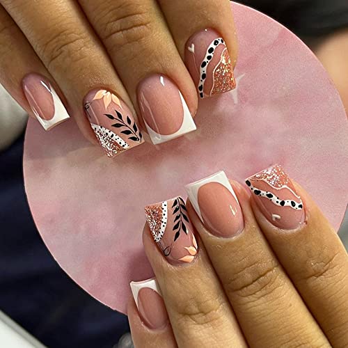 24Pcs Press on Nails Square Fake Nails French Tip Black Leaves False Nails with Designs Black Acrylic Glossy Nail Decorations Artificial Full Cover Glue on Nails Stick on Nails for Women Girls 24Pcs