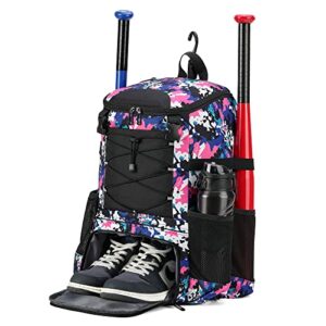 ai en jiu softball equipment bag for youth girls adult, lightweight baseball backpack with shoe compartment, fence hook for tball bat, helmet(pinkcamouflage)