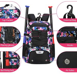 AI EN JIU Softball Equipment Bag for Youth Girls Adult, Lightweight Baseball Backpack with Shoe Compartment, Fence Hook for TBall Bat, Helmet(PinkCamouflage)