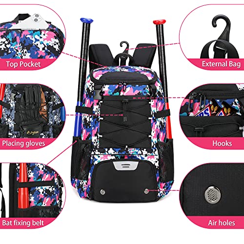 AI EN JIU Softball Equipment Bag for Youth Girls Adult, Lightweight Baseball Backpack with Shoe Compartment, Fence Hook for TBall Bat, Helmet(PinkCamouflage)