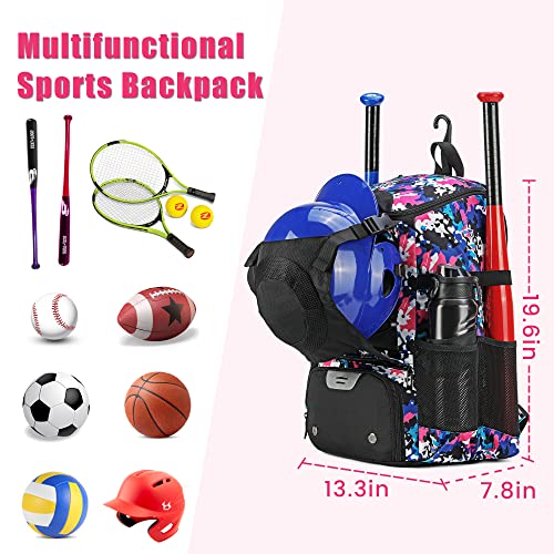 AI EN JIU Softball Equipment Bag for Youth Girls Adult, Lightweight Baseball Backpack with Shoe Compartment, Fence Hook for TBall Bat, Helmet(PinkCamouflage)