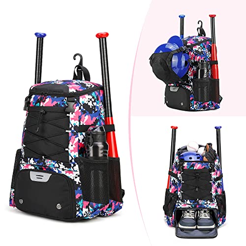 AI EN JIU Softball Equipment Bag for Youth Girls Adult, Lightweight Baseball Backpack with Shoe Compartment, Fence Hook for TBall Bat, Helmet(PinkCamouflage)