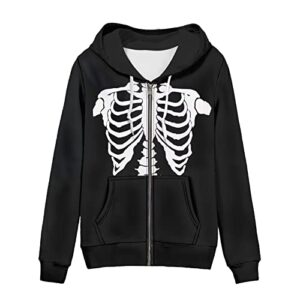 wellflyhom women zip up hoodie y2k halloween skeleton sweatshirt ribcage print long sleeve shirt e-girl 90s punk jackets vintage plus size hooded cardigan comfy fall outfits for teen girls