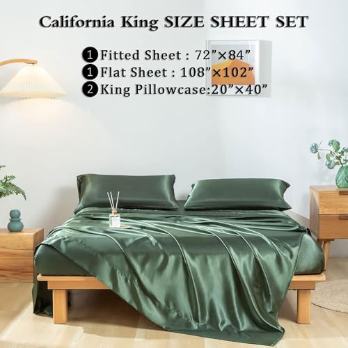 Revdomfly 4 Pcs Luxury Silky Soft Olive Green Satin Sheet Set,1 Premium Moisture Wicking Fitted Sheet Fits Up to 16 Inches Deep Pocket + 1 Flat Sheet + 2 Pillowcases（Olive Green, California King）