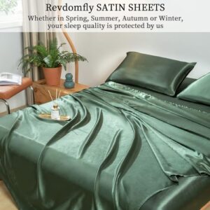 Revdomfly 4 Pcs Luxury Silky Soft Olive Green Satin Sheet Set,1 Premium Moisture Wicking Fitted Sheet Fits Up to 16 Inches Deep Pocket + 1 Flat Sheet + 2 Pillowcases（Olive Green, California King）