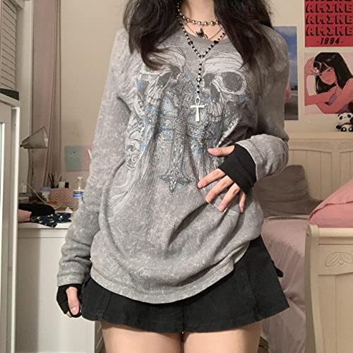 Tsultryofs Women Vintage Fairy Grunge Y2K Long Sleeve Shirt Slim Fit Skull Printed Gothic Hoodies Aesthetic Tunic Tops (Grey Skull 1, Medium)