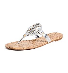 Tory Burch Women's Miller Sandals with Rivits + Handtack Stitch, Silver/Natural, 9 Medium US