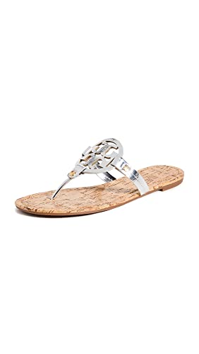 Tory Burch Women's Miller Sandals with Rivits + Handtack Stitch, Silver/Natural, 9 Medium US