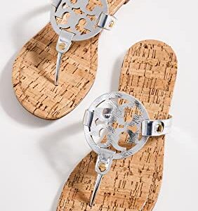 Tory Burch Women's Miller Sandals with Rivits + Handtack Stitch, Silver/Natural, 9 Medium US