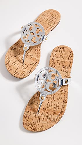 Tory Burch Women's Miller Sandals with Rivits + Handtack Stitch, Silver/Natural, 9 Medium US