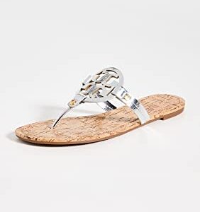 Tory Burch Women's Miller Sandals with Rivits + Handtack Stitch, Silver/Natural, 9 Medium US