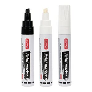 zeyar paint markers, jumbo size, chisel point, premium waterproof & smear proof ink, aluminum barrel, great on plastic, wood, rock, metal and glass for permanent marking (1 black & 2 white)