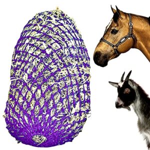 majestic ally 1.25”x1.25” holes ultra slow feed 40” very sturdy hay net with bottom ring for horses, nylon rope hanging, adjustable travel feeder for trailer and stall, reduces waste (purple)