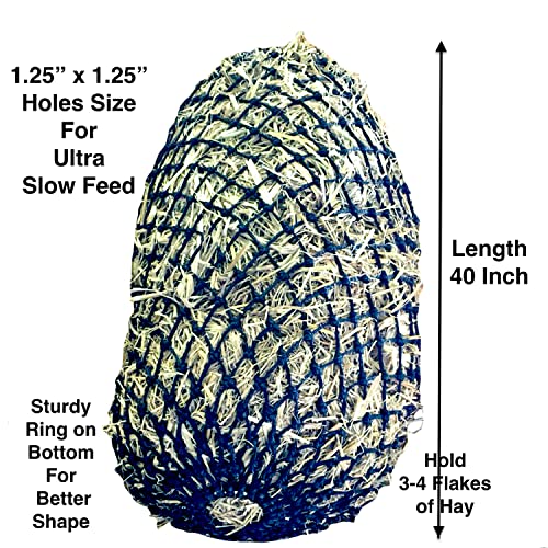 Majestic Ally 1.25”x1.25” Holes Ultra Slow Feed 40” Very Sturdy Hay Net with Bottom Ring for Horses, Nylon Rope Hanging, Adjustable Travel Feeder for Trailer and Stall, Reduces Waste (Purple)