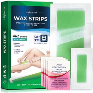 nopunzel wax strips, waxing strips, wax strips for hair removal, facial waxing strips, body wax strips for arms, legs, chest, back and bikini, hair removal for women and men, waxing kit with 42 wax strips (2 sizes) + 4 calming oil wipes (green)