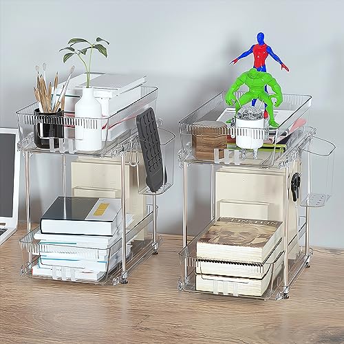 NIHEHAG 2 Tier Clear Under the Sink Organizer-Slide-Out Bathroom Cabinet Organizer With Hook/Cup/Dividers Acrylic Under Bathroom Sink Organizer and Storage for Medicine, Kitchen, Pantry, Cabinet