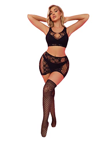 WDIRARA Women's 3 Pieces Mesh Cut Out Bralette and Skirt Sheer Lingerie Set with Stockings Sexy Black one-Size