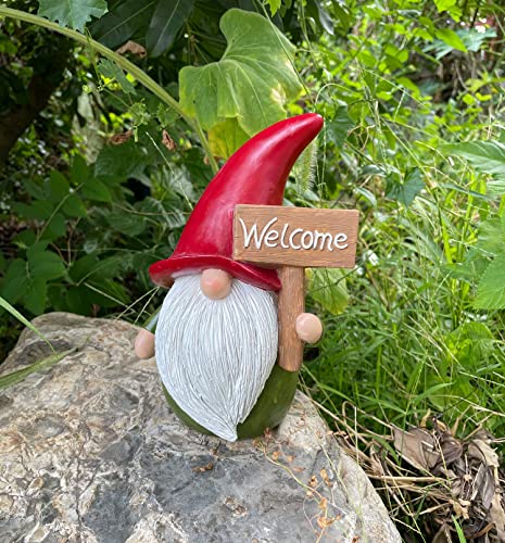 FICITI Garden Gnome Statue with Welcome Sign, Outdoor Lawn Décor Yard Sculpture Home Decorations, 8 Inch Tall