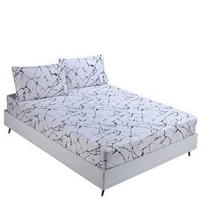 mag marble bed sheet 3pcs white queen size modern pattern printed bedding sheet set with 1*bottom fitted sheet with 2*pillowcases, 14 inches deep (white, queen)