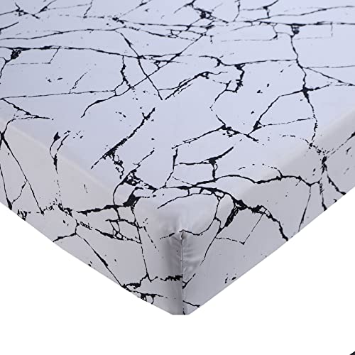 MAG Marble Bed Sheet 3Pcs White Queen Size Modern Pattern Printed Bedding Sheet Set with 1*Bottom Fitted Sheet with 2*Pillowcases, 14 Inches Deep (White, Queen)