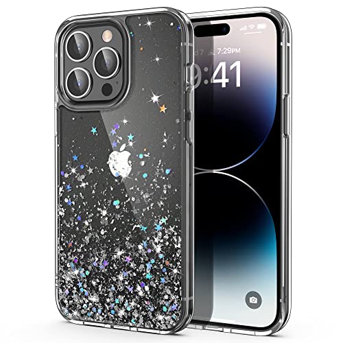 ULAK Designed for iPhone 14 Pro Case Clear Glitter, Bling Sparkly Soft TPU Bumper Hard Cover for Women Girls Transparent Protective Phone Case Compatible with iPhone 14 Pro 6.1'' 2022, Silver Star