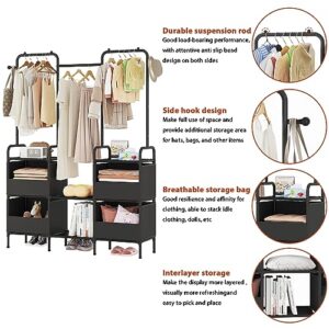 Laiensia Clothes Rack,3 Rods Portable Clothing Hanging Garment Rack,Coat and Shoe Rack with 4 Storage Shelves and 4 Storage Pockets,for Bedroom,Entryway,Living room,Black